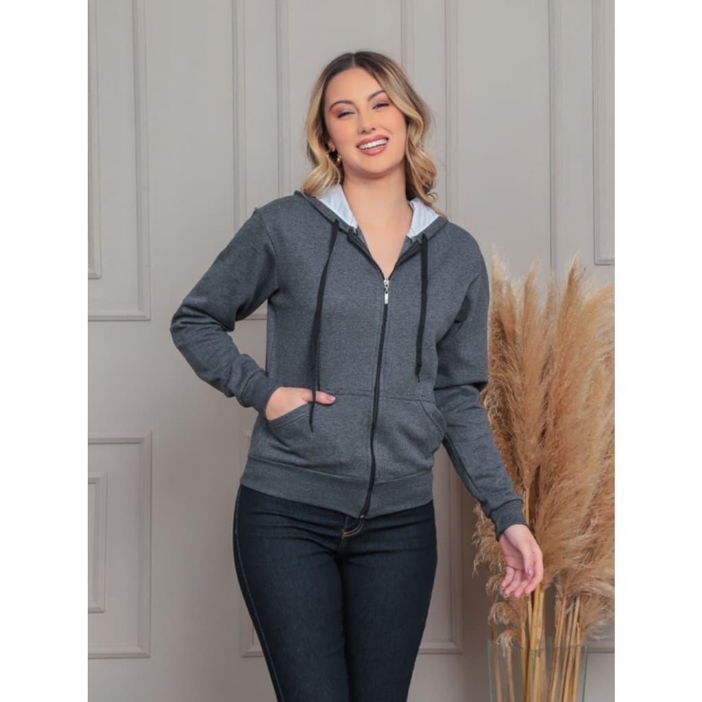 Blusa De Moleton Feminina Capuz Zíper Bolso Agasalho  Frio