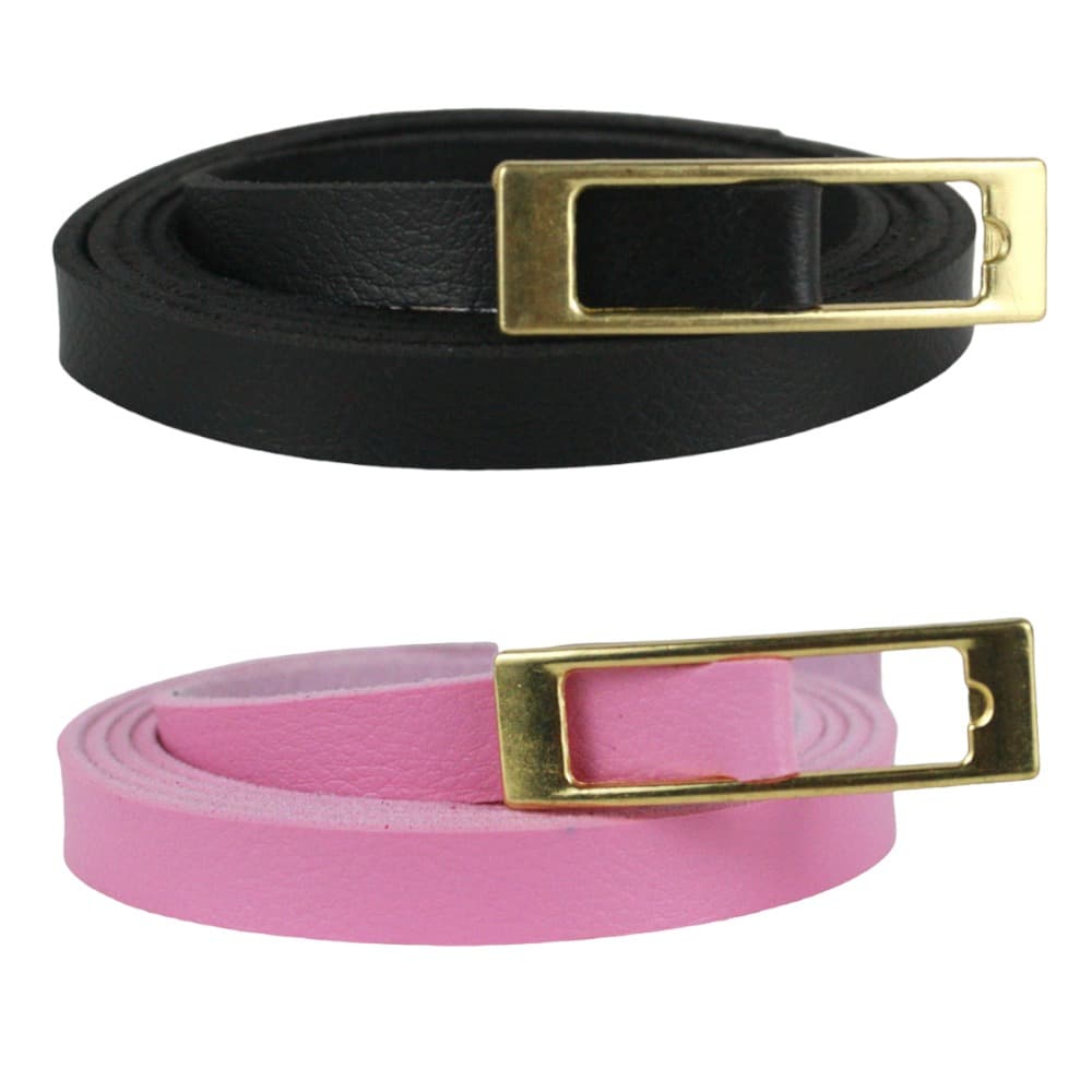 Combo 2 Cintos Femininos Fininho Com Fivela Retangular Em Metal Dourado, Ajuste Sem Pino Delicado, Confeccionado Em Material Sintético, Combina Com Vestidos, Saias, Calças, Sendo Um Preto E Outro Você Escolhe - CF04