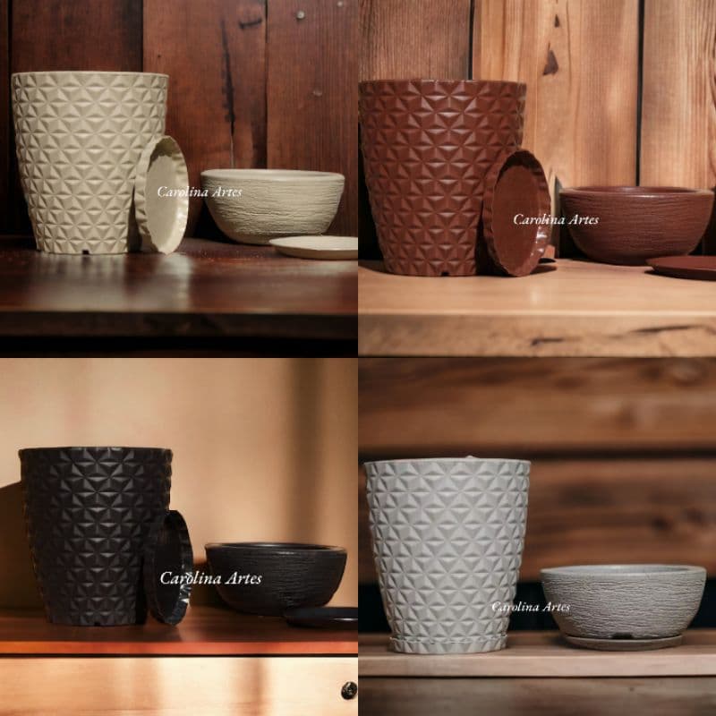 Kit Vaso Polietileno Coluna Redonda 30x25,e Vaso Bacia Mini 26x13 C/Prato