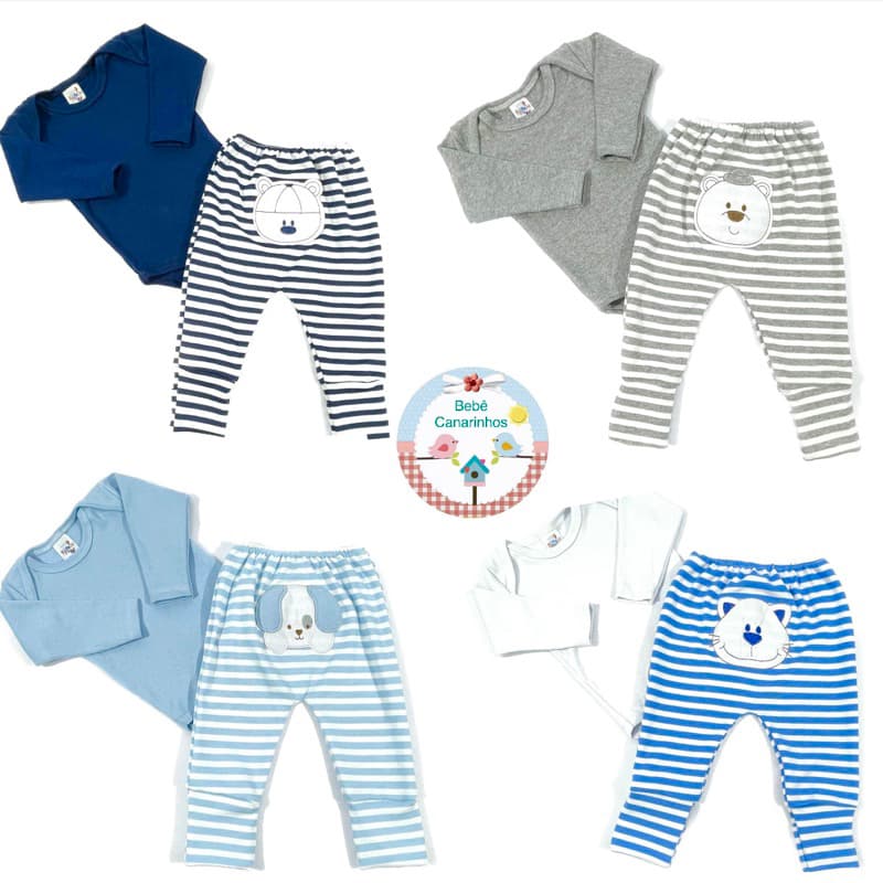 Conjunto Body e Mijão Pé Reversível com Bordado 100% Algodão Suedine para bebês P M G. Meninos