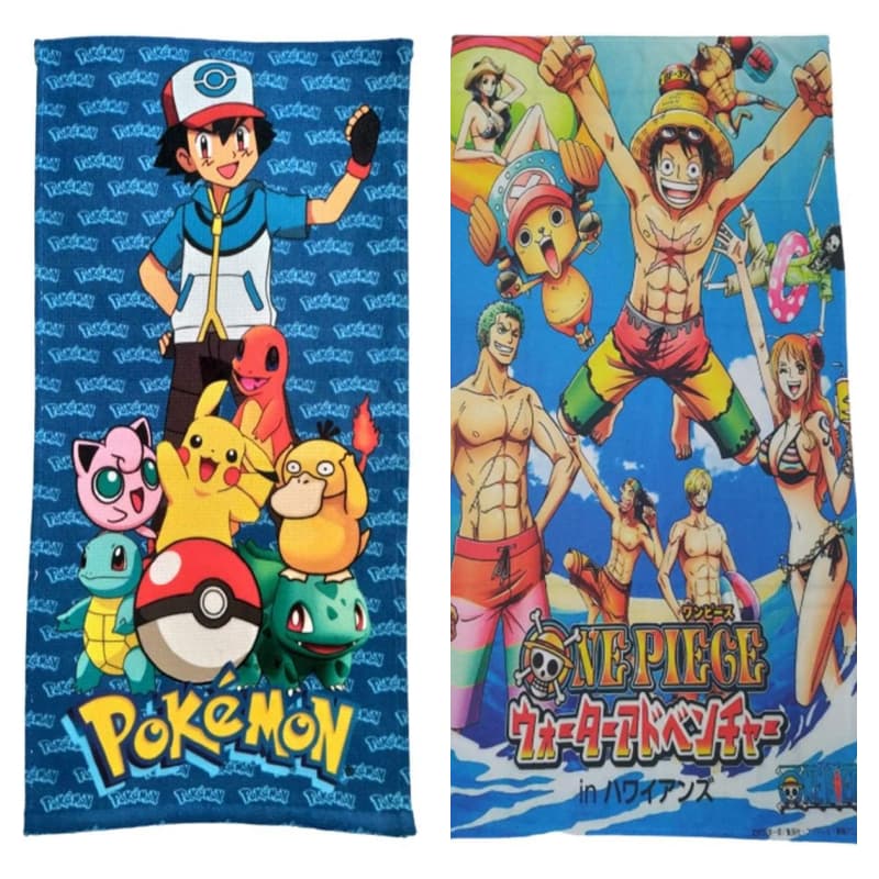 Kit Com 2 Toalhas de Praia Banho Piscina Animes Pokémon e One Piece!