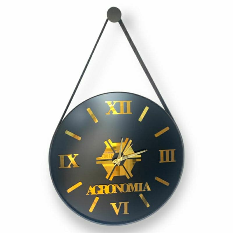 Relógio de Parede Adnet preto 50cm, Personalizado AGRONOMIA, Algarismos e Letreiros da personalização em Dourado.