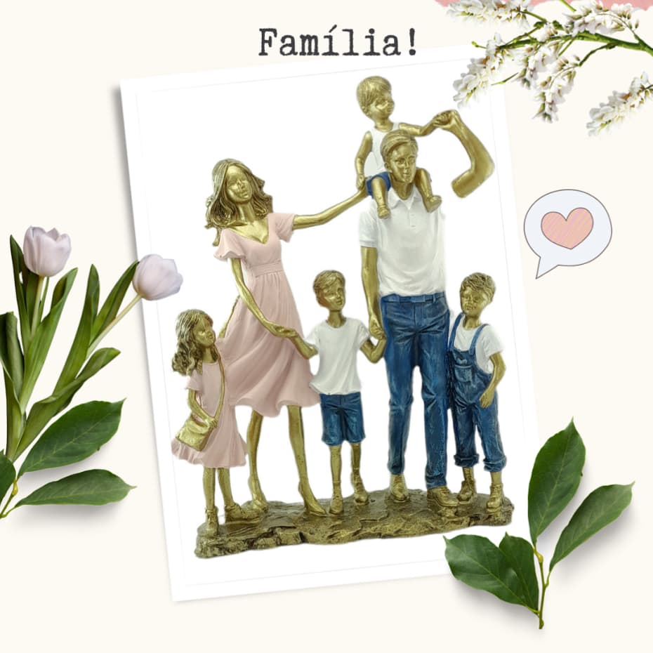 Estatueta Familia com quatro filhos Enfeite Decorativo - Escultura Família decorativa Casal com 4 crianças Enfeite Lindo