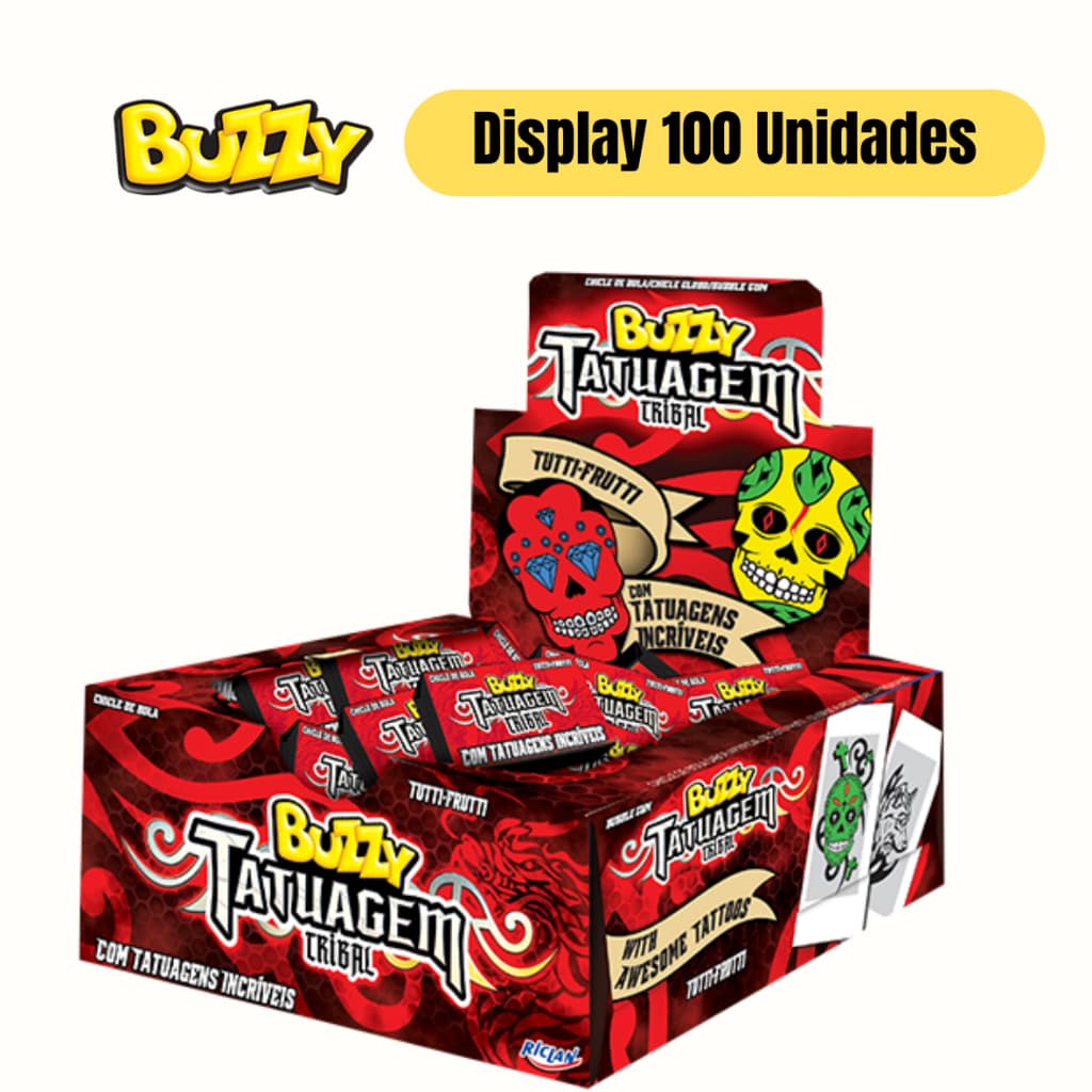 Chiclete Tattoo Tribal Tutti Frutti e Hortelã Caixa c/ Aprox 90 unidades – Buzzy