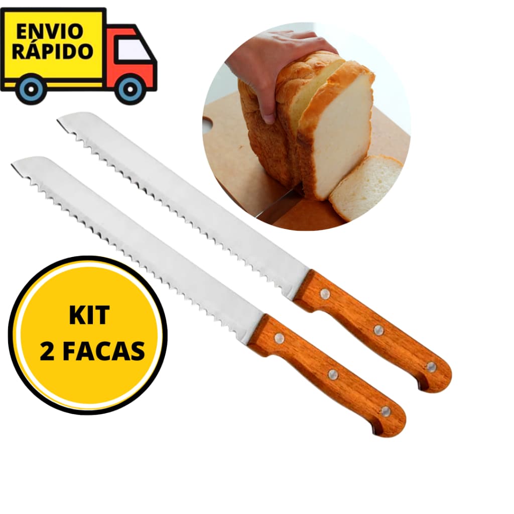 Kit Faca Para Pão 8'' De Inox E Cabo de Madeira Com Serra 2 Peças Para Cortar Pães Bolos De Casa Cozinha Padarias