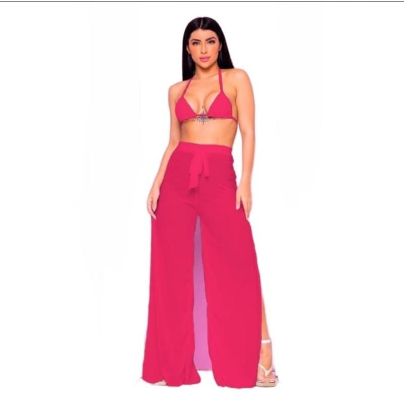 Saída De Praia Calça Pantalona Feminina Com Elastico e fendas laterais
