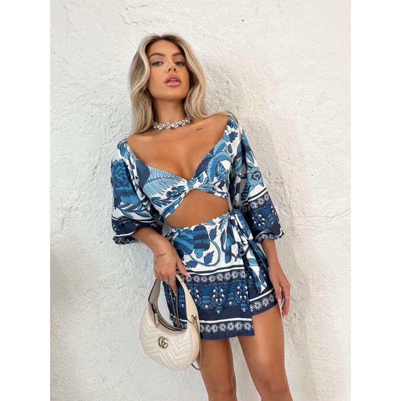 CONJUTO CATARINA* conjunto feminino cropped blusa + saia estampado coqueiro tucano