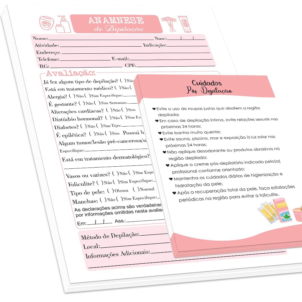 Anamnese de Depilação + bloco de cuidados pós depilação