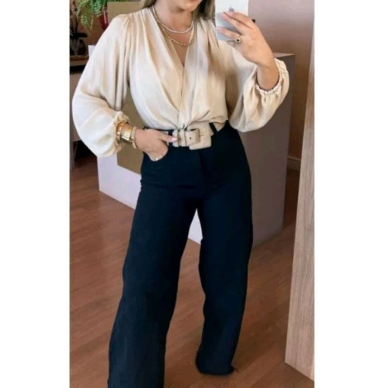 Blusa Body  Manga Longa Bufante Tecido  Duna