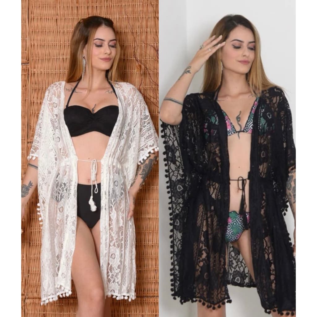 Saida de Praia Feminina Kimono Curto Aberto De Renda Moda Verao 649