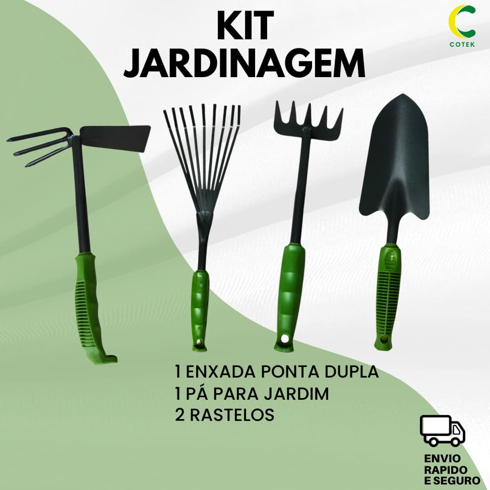 Kit Jardinagem 4 peças Jardim Vassoura Enxada Rastelo Resistente Casa Jardim