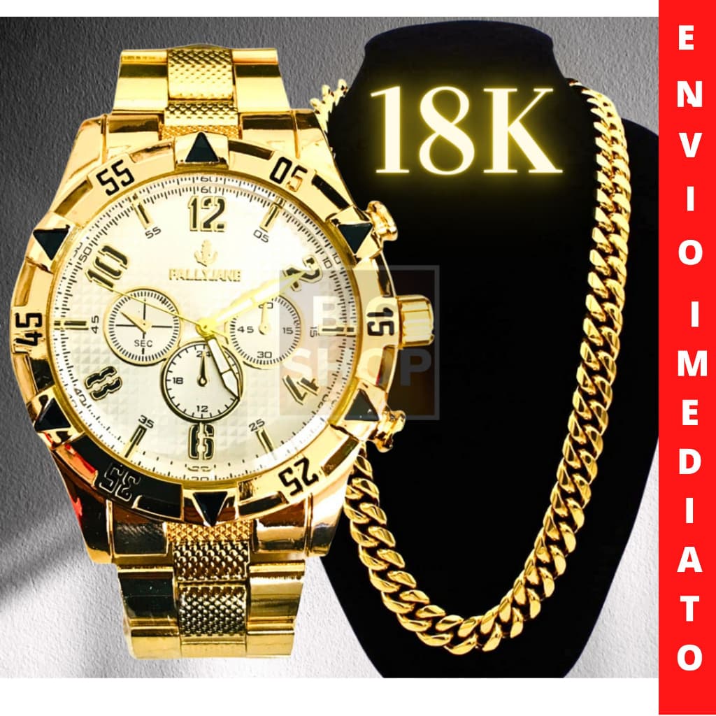 Relógio Masculino Dourado Banhado 18k + Corrente Grossa Dourado 18K