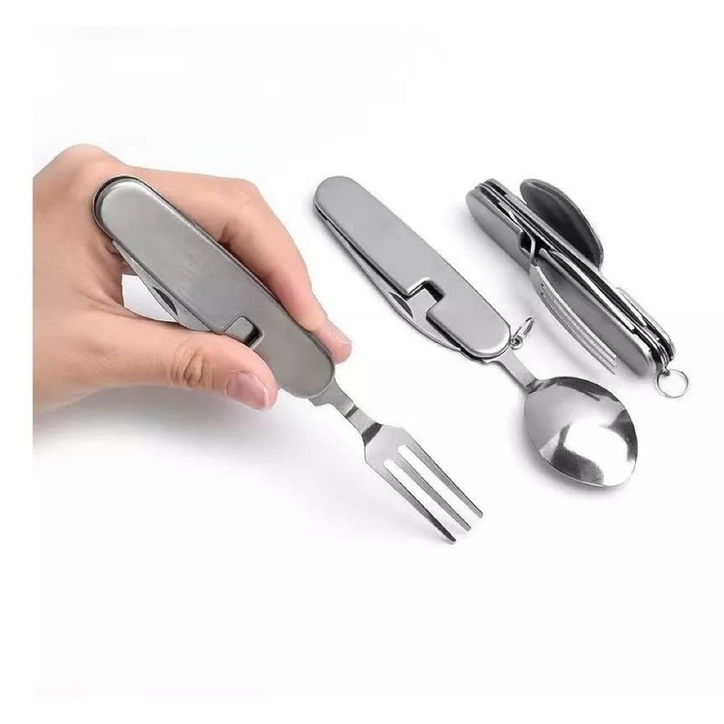 Kit Talher Canivete Suiço Multifuncional Inox Garfo Colher Faca Abridor Talheres Metal Camping Trilha Pesca