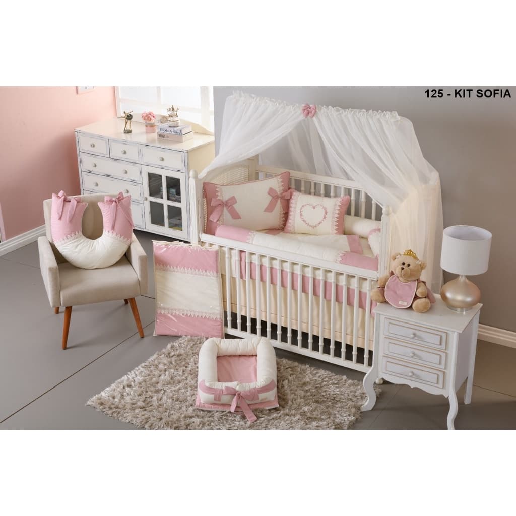 Kit Berço Americano Menina Sofia Rose Blush com Palha 11 Peças Algodão