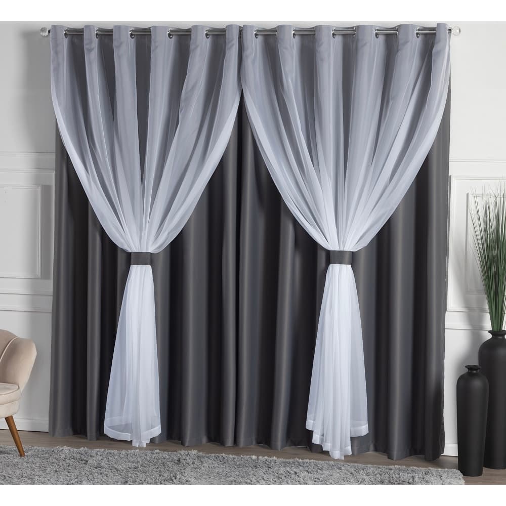 Cortina Semi Blackout Com Xale Em Voil Para Sala ou Quarto Para Varão Simples - 4,00x2,50