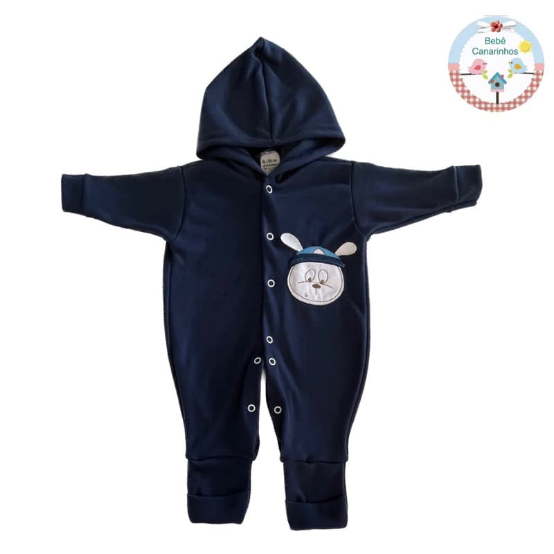 Macacão de Bebê com CAPUZ e Bordado 100% Algodão Suedine P M G Pé Reversível. Cores Variadas para Meninos e Meninas!