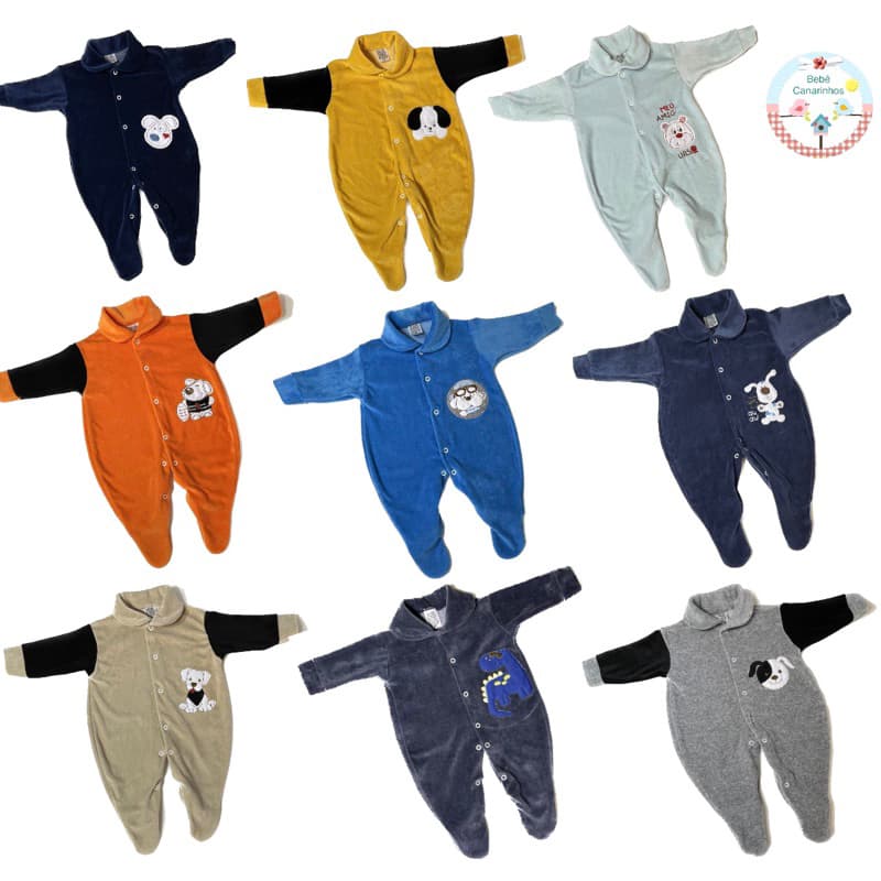 Macacão Bebê PLUSH  Bordado em várias cores para Meninos. Muito Macio e Quentinho P M G