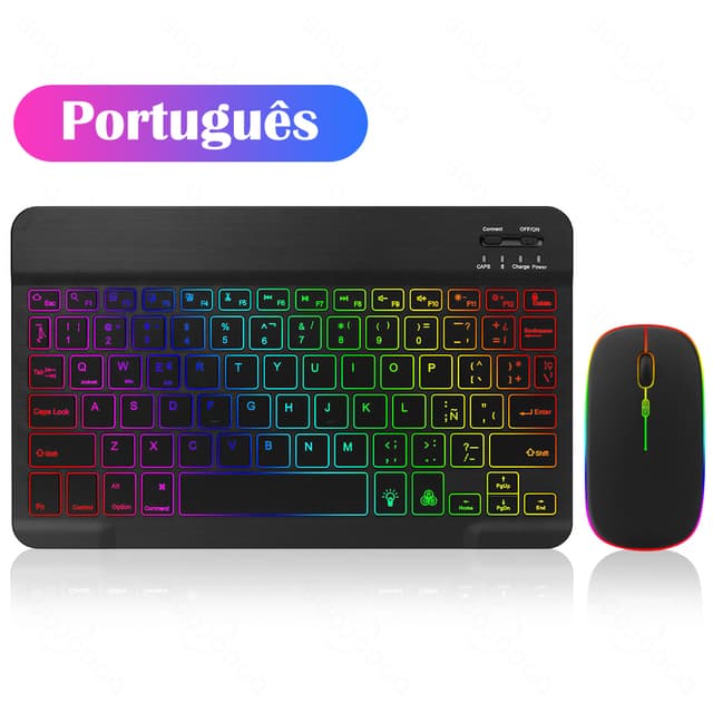 Teclado e mouse sem fio retroiluminado, retroiluminação, Bluetooth, IOS, Android, Windows, iPad, 10"