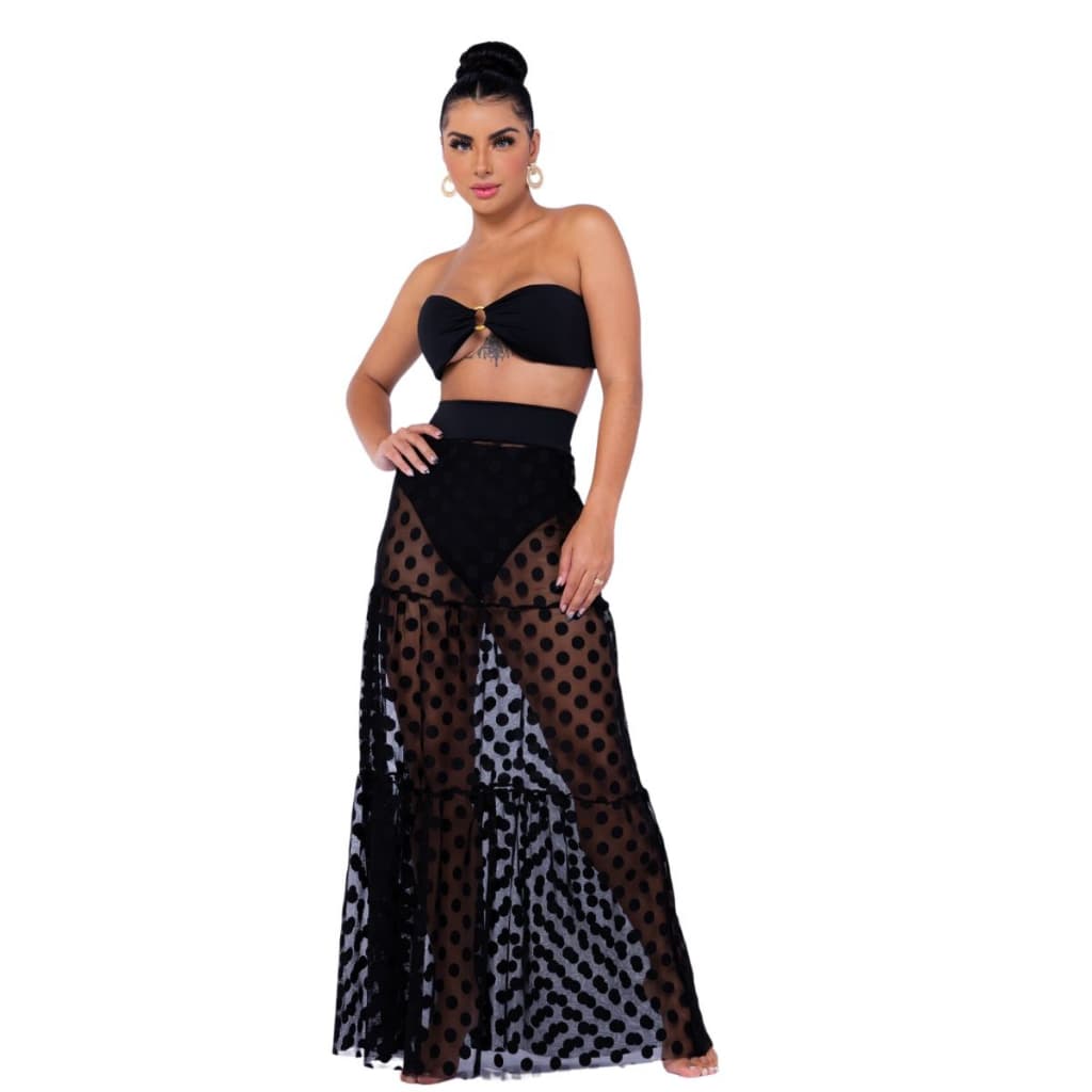Conjunto biquini hot pants com saia longa tule R 043