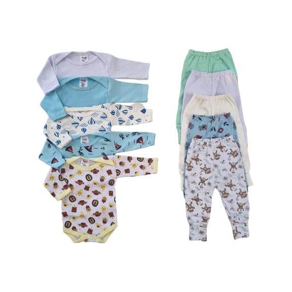 Kit 10 Peças Inverno para Bebê Body Manga Longa + Mijão Vira-Pé - Menino ou Menina
