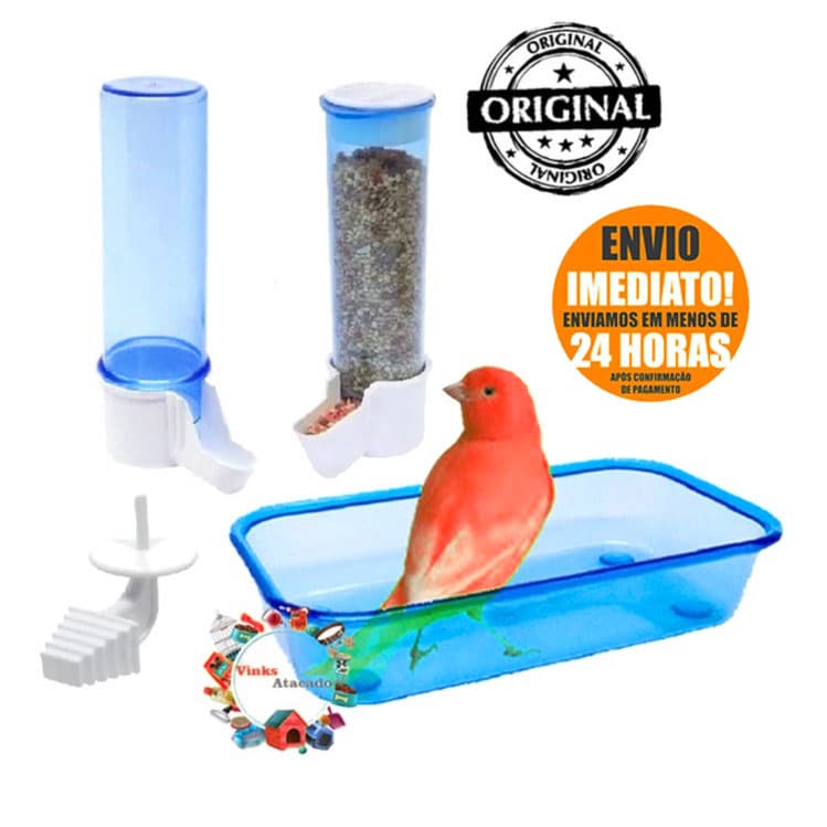 Kit Para Canarinho Coleiro Pintassilgo Bebedouro Comedouro Porta Frutas Banheira Para Passarinhos