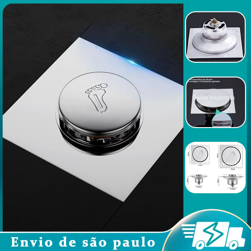 Ralo Click Inteligente 10x10 Cm -15x15 Cm Quadrado Inox Banheiro Veda Cheiro