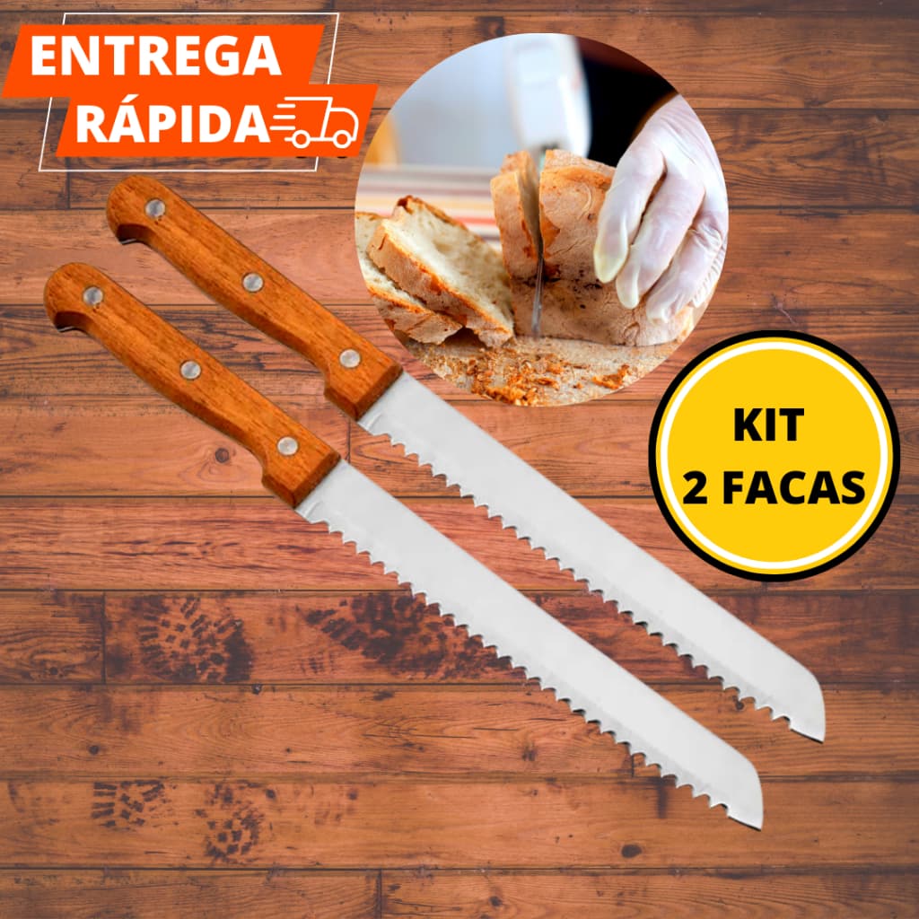 Kit Faca Para Pão 8'' De Inox E Cabo de Madeira Com Serra 2 Peças Para Casa Cozinha Padarias