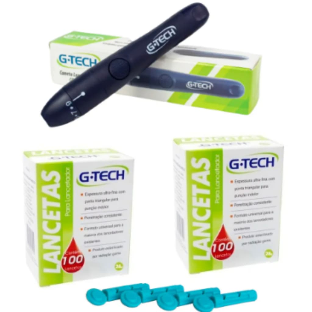 Kit Caneta Lancetadora G-tech Comfort + 200 Lancetas G-tech Glicose Colesterol