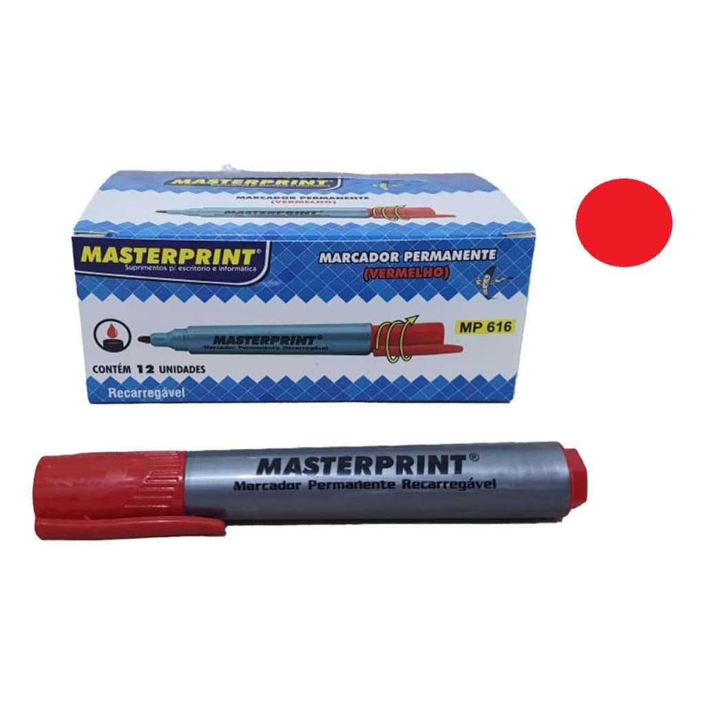 12 Unidades Pincel Atômico Vermelho Permanente Recarregável Masterprint
