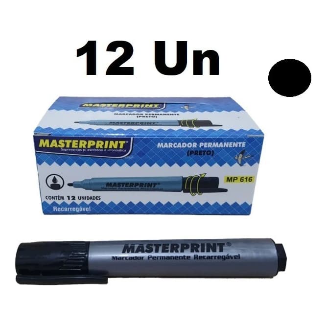 12 Unidades Cx Pincel Atômico Preto Permanente Recarregável 12 Uni Masterprint