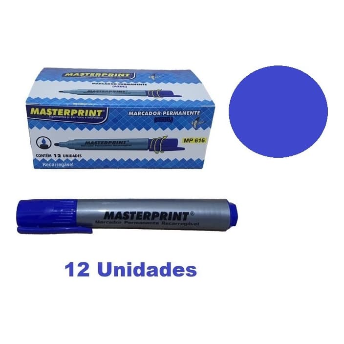 12 Unidades Pincel Atômico Azul Permanente Recarregável Masterprint