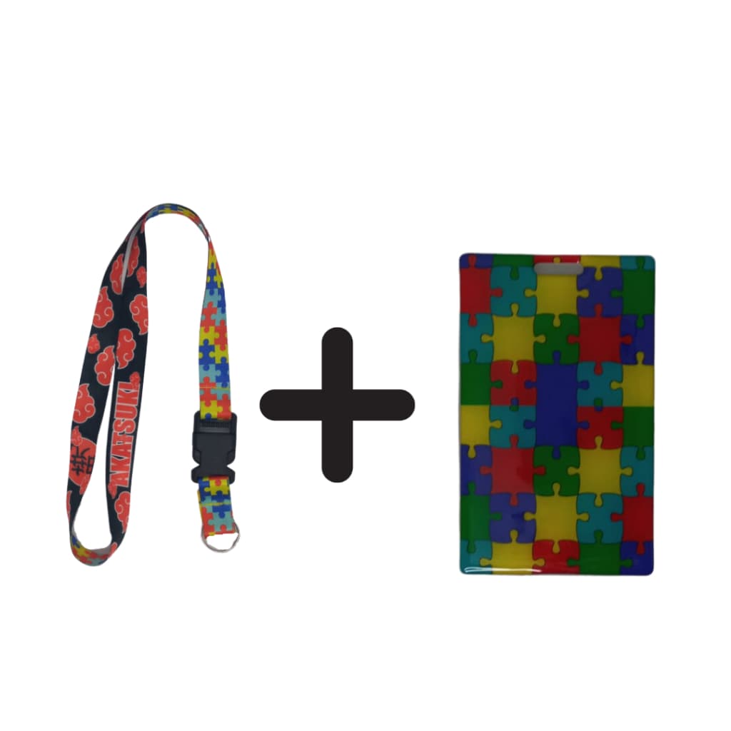 Kit Chaveiro Cordão Moto Pescoço Fecho Engate Rápido Autismo  Dupla Face Quebra cabeça Vermelho e Akatsuki + Porta Cartão Resinado
