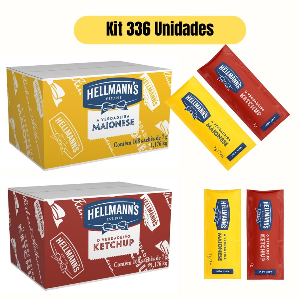 Kit Ketchup sache Hellmann’s c/ 168 uni de 7g e Maionese sache Hellmann’s c/ 168 uni de 7g