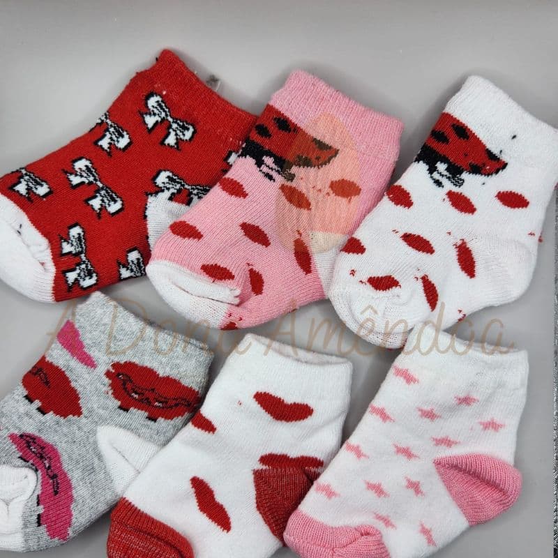 Kit 3 Pares de Meia Infantil RN Recém Nascido Bebê Algodão