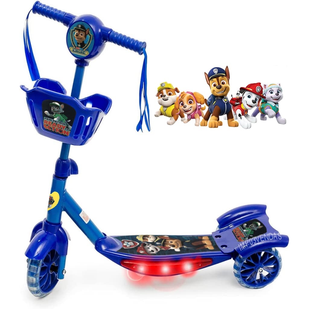 Patinete Musical 3 Rodas Cesta E Luzes Patrulha Canina Azul