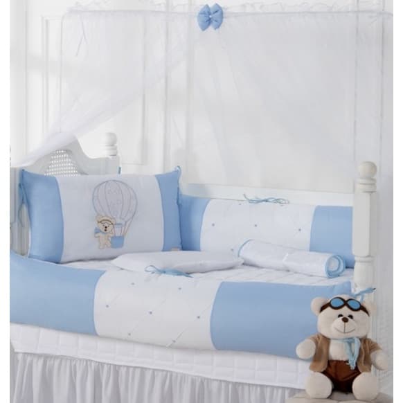 Kit Berço Americano Menino 9 Peças Urso Baloeiro Azul Bebe com Saia
