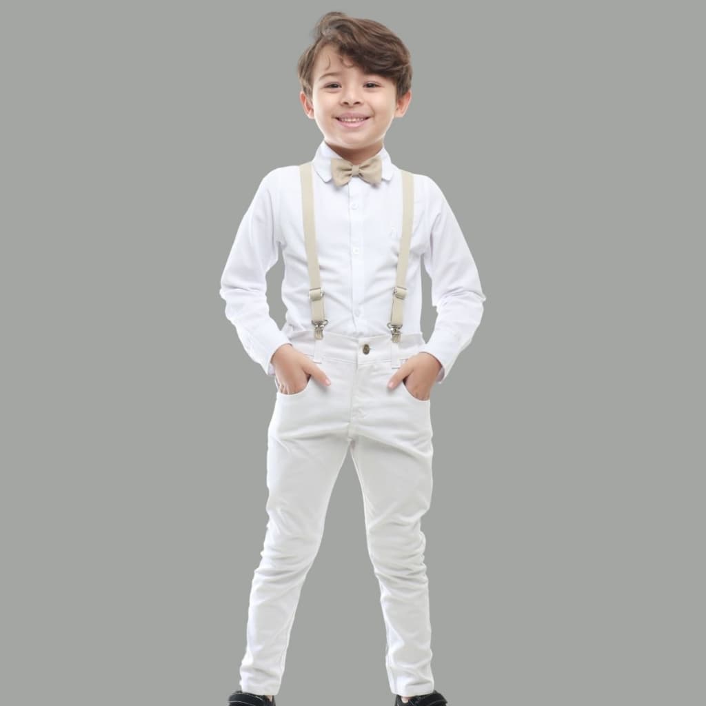 Conjunto Social Infantil Branco Batizado Pajem Casamento Com Opções de Suspensórios