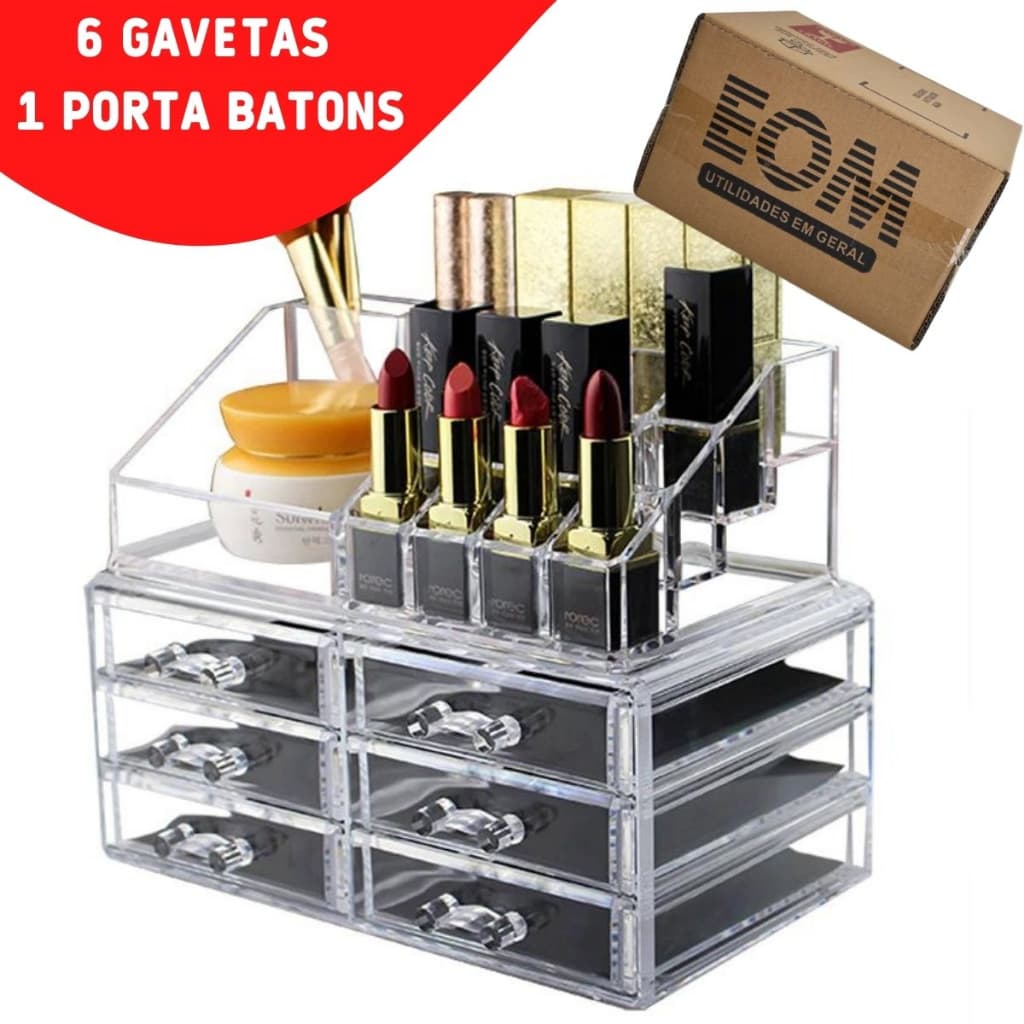 Organizador Porta Maquiagem Pincel Batom Acrílico 3, 4, 5, 6, 7 ou 8 Gavetas Eom Utilidades