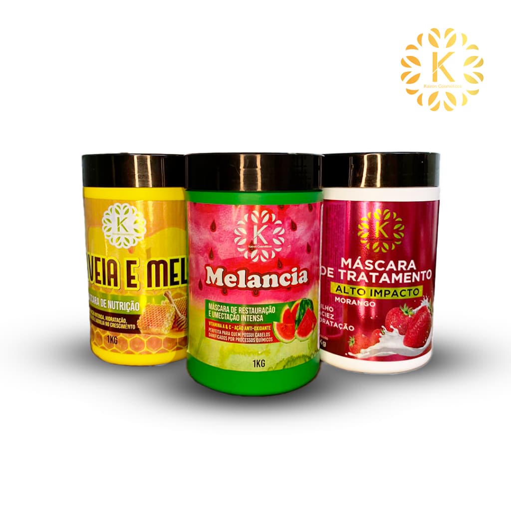 Super KIT de 3 Máscaras de Aveia e Mel, Melancia e Morango 1kg Kairon Cosméticos para Tratamento Capilar