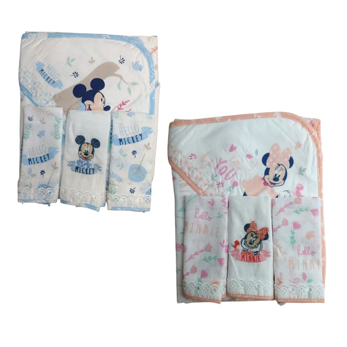 Kit Toalha De Banho Com Forro em Fralda 70x70 e 3 Babete Bordada 32x32 Minnie e Mickey Tecido Duplo Minasrey