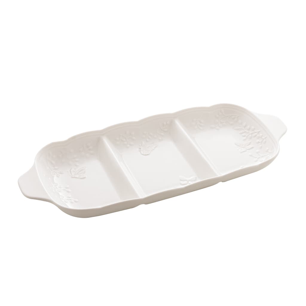 Petisqueira c/ 3 divisórias de porcelana New Bone Butterfly Flower 34x14,5x3,5cm - Lyor