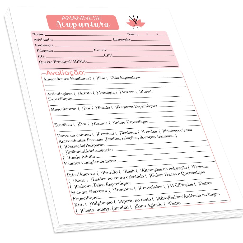 Ficha de Anamnese Acupuntura (bloco 100 folhas) - Bloco Anamnese Acupuntura