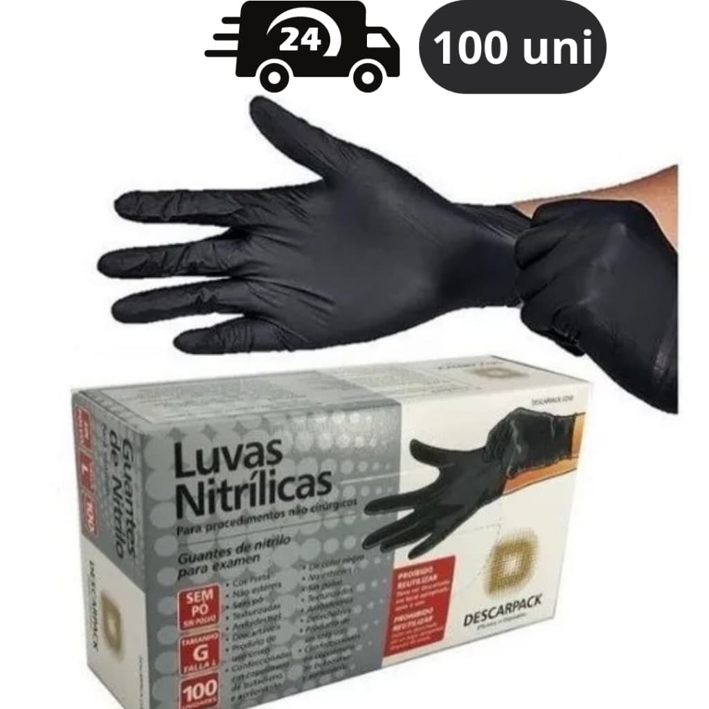 Luva Nitrilica Preta Descartável Sem Pó Caixa 100 unidades
