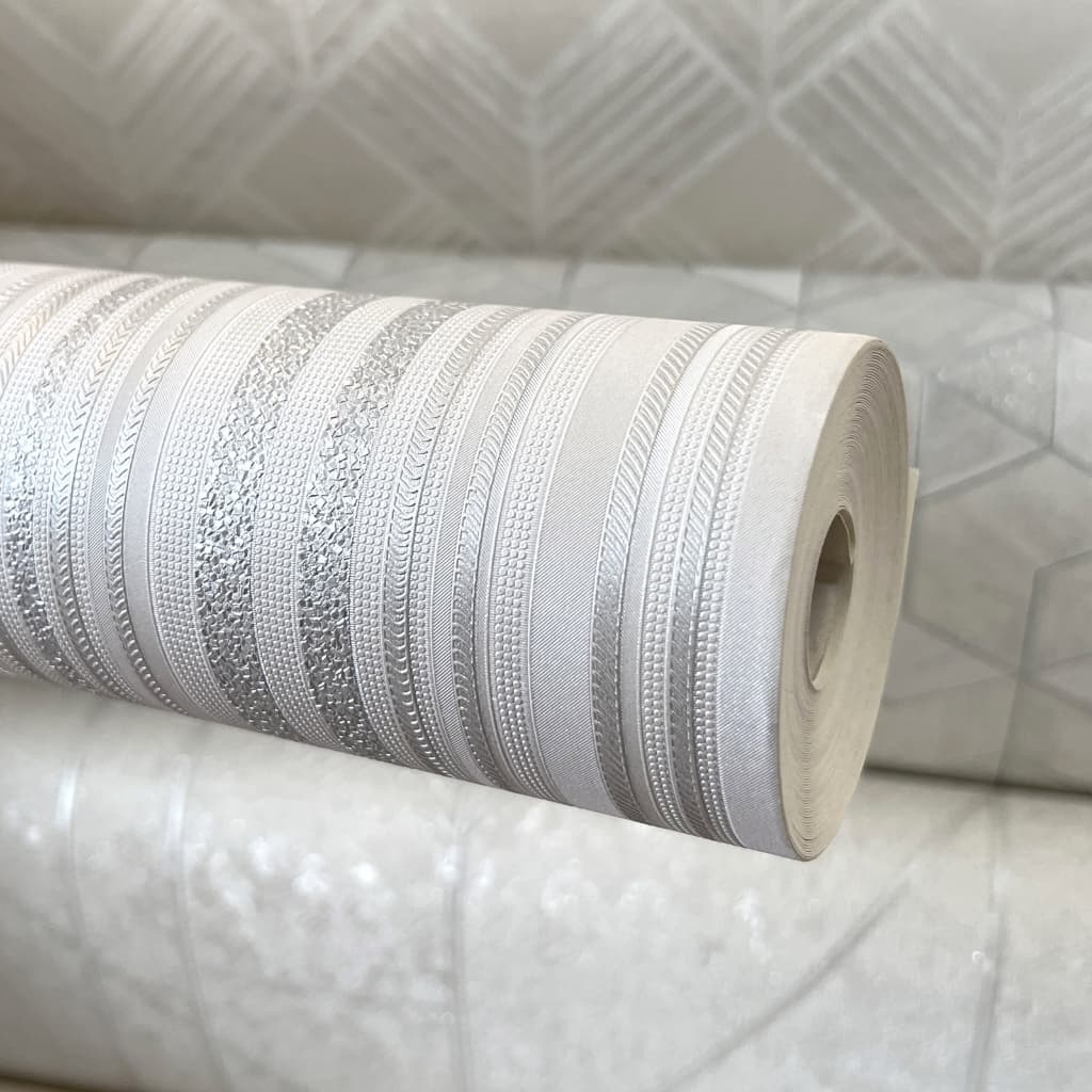 Papel de Parede Importado Rolo 10 m x 53cm  - Listrado Branco Gelo e Cinza (Prateado) + Cola Inclusa - Modelo 1007-2