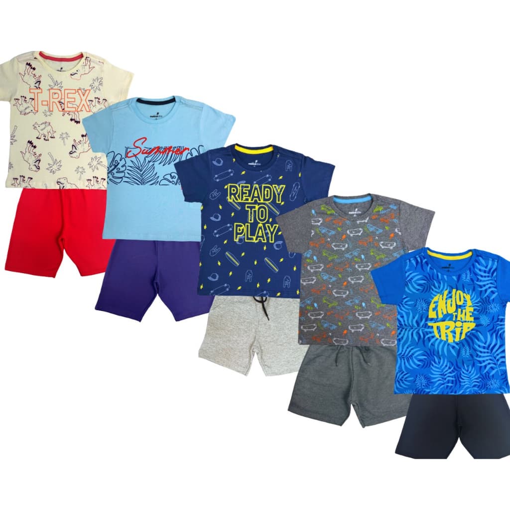 Kit Sortido 10 Peças de Roupas Infantil Menino Promoção - 5 Camisetas Estampadas + 5 Bermudas