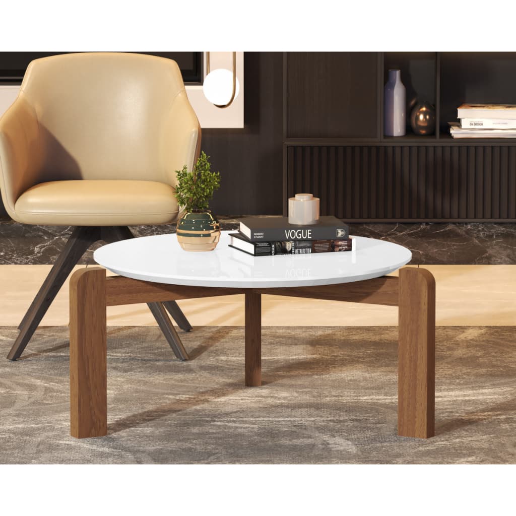 Mesa de Centro Redonda Moderna Tampo Brilhante com Pés de Madeira Design Contemporâneo Sala de Estar