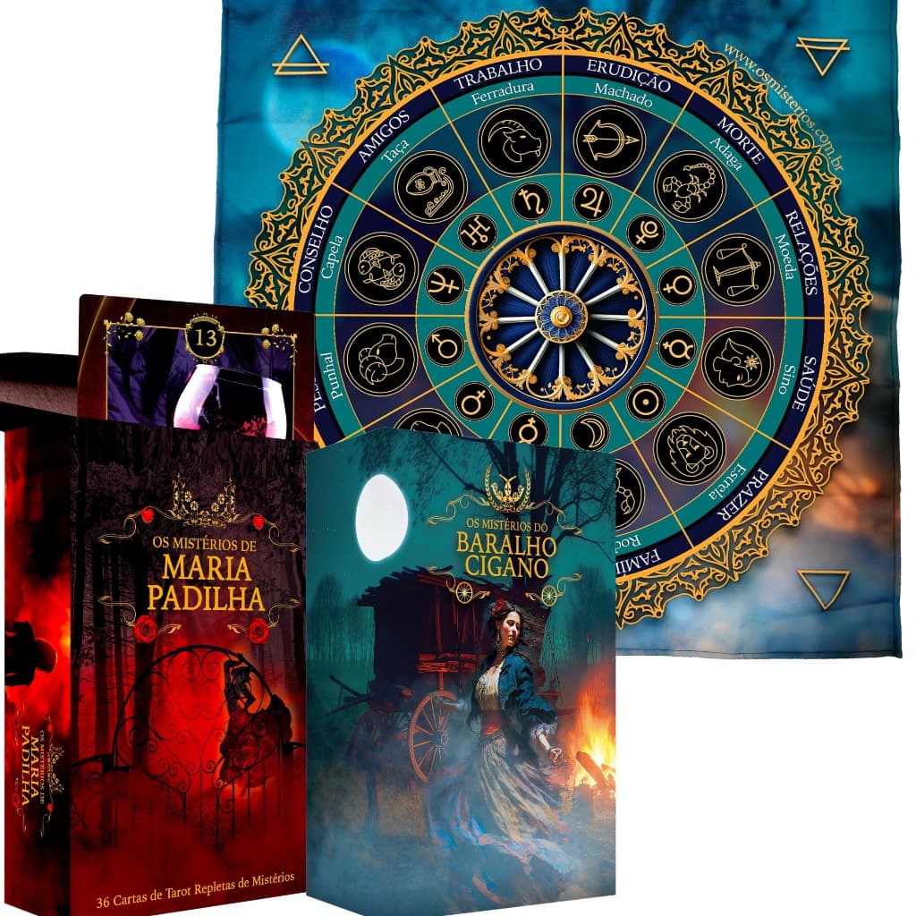 Kit 2 Tarô Cigano Lenormand e Maria Padilha Plastificado c/ Manual + Toalha para Tarot Mandala Astrológica Cigana