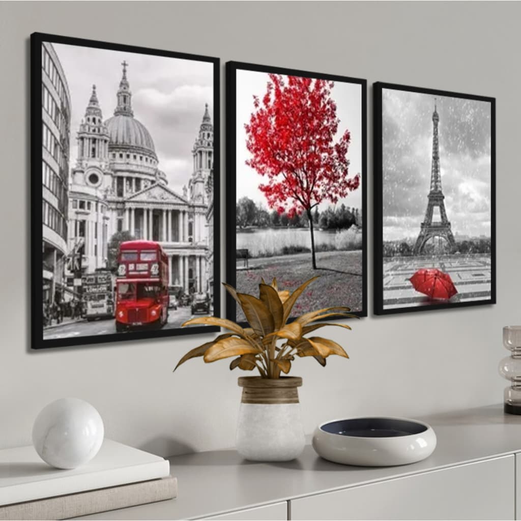 Quadros Decorativos Moldura Londres Paris Árvore Vermelha
