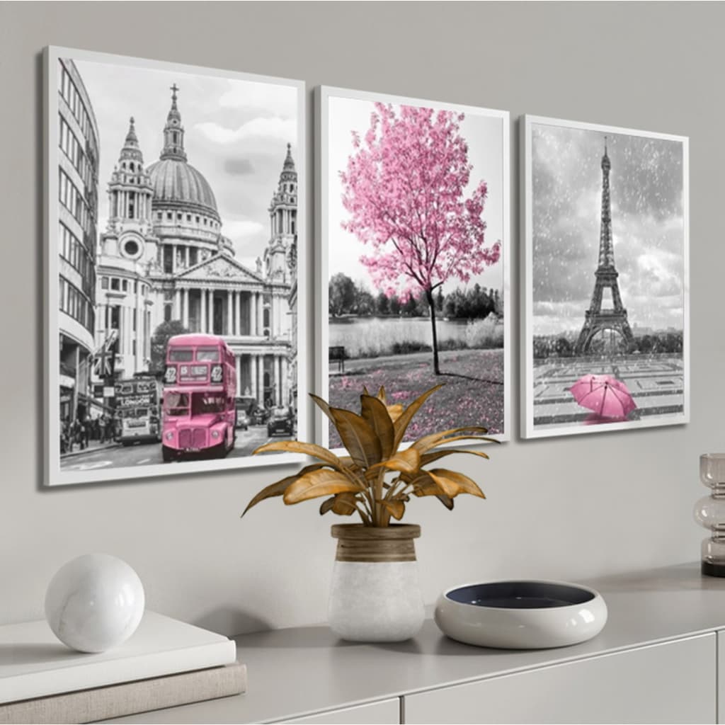 Quadros Decorativos Moldura Londres Paris Árvore Rosa