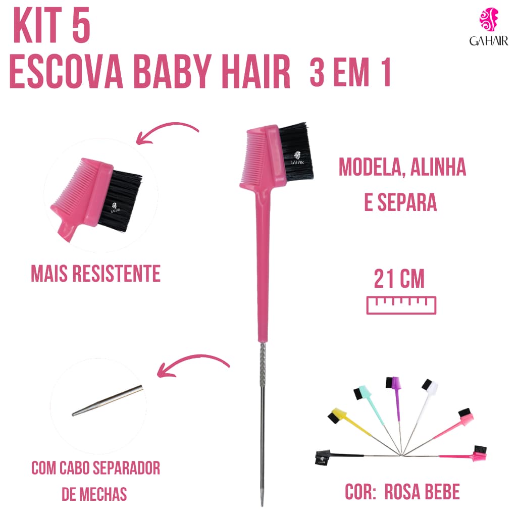 kit 5 Escovinhas Para Baby Hair/ Penteados e Barba 3 Em 1 Com Cabo Auxiliar Para Separar Mechas
